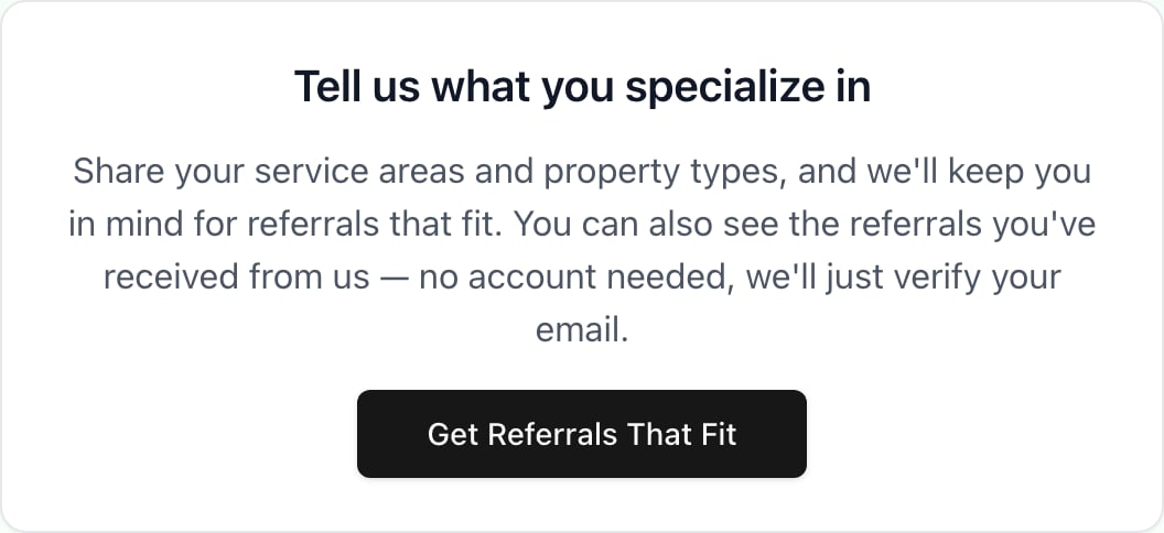 The thank-you page card inviting you to share what you specialize in, with a Get Referrals That Fit button