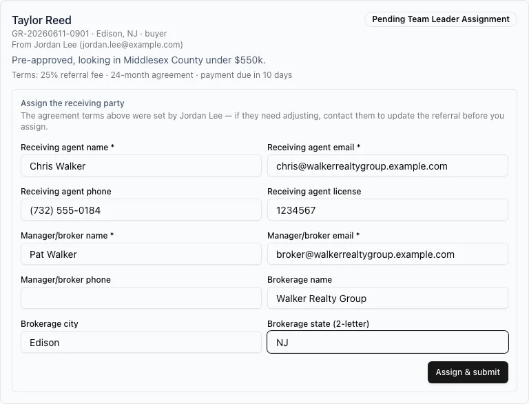 The assignment form on a delegated referral, showing who sent it, the agreement terms, and fields for the receiving agent and manager/broker