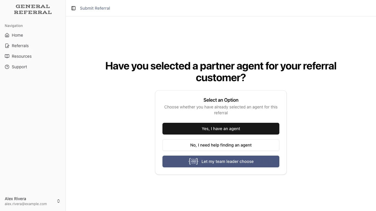 The agent's referral options, including 'Let my team leader choose' with the team's logo