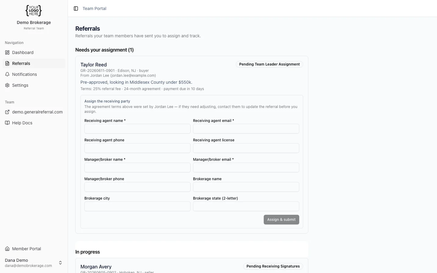 The Referrals page, showing a referral awaiting your assignment and one in progress with signature tracking