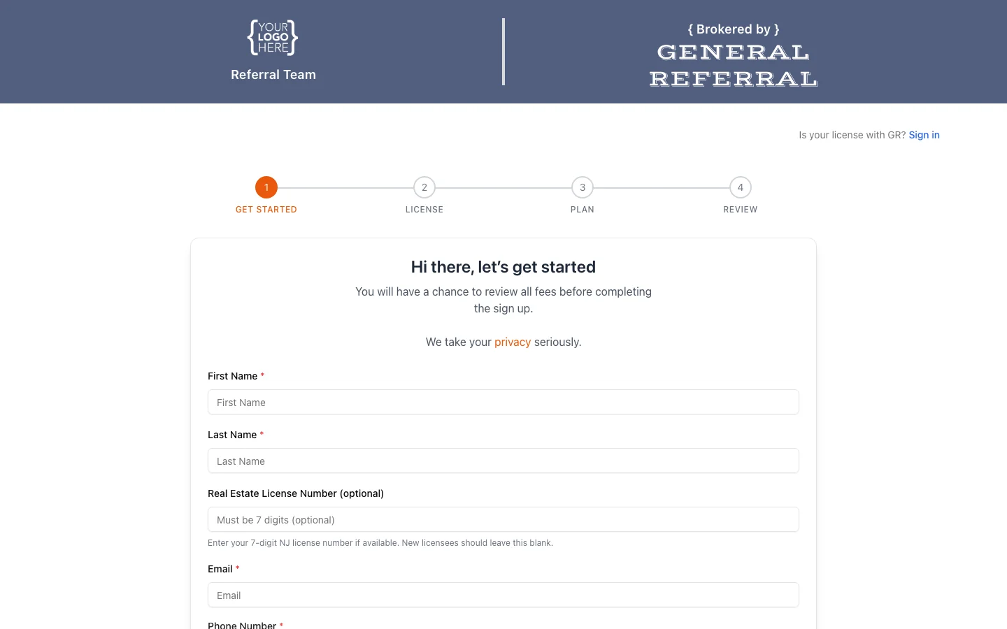 A branded team join page, with the team's logo and color in the header alongside 'Brokered by General Referral'