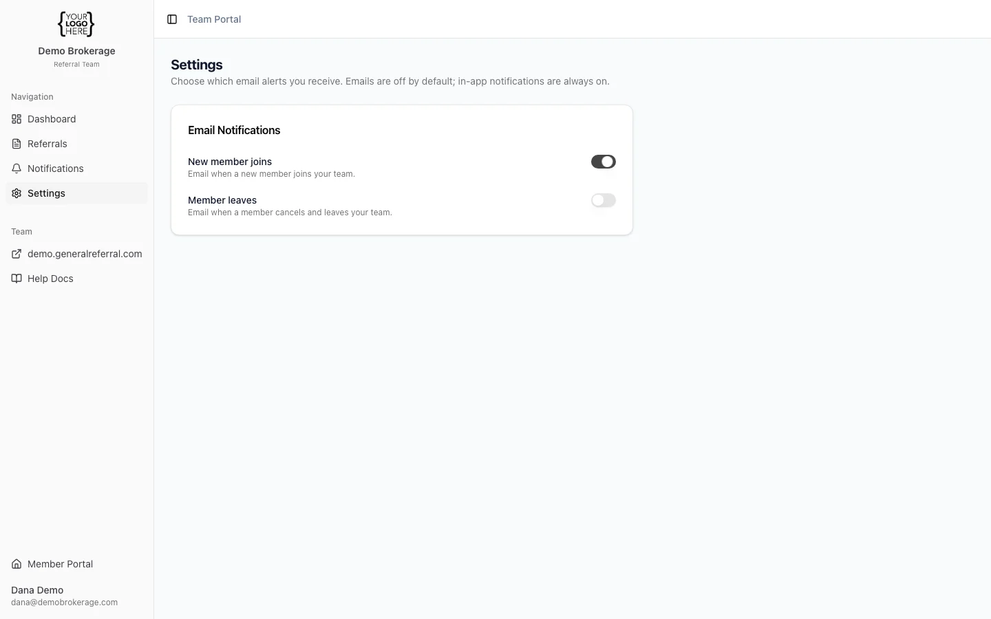 The Settings page with email notification toggles for new-member and member-left alerts