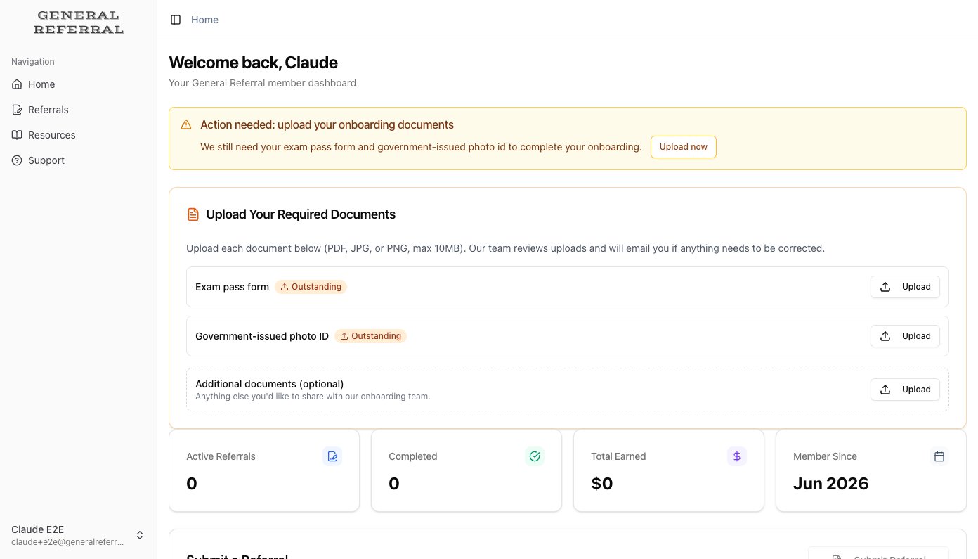 The member dashboard showing the action-needed banner and the Upload Your Required Documents card for a new licensee