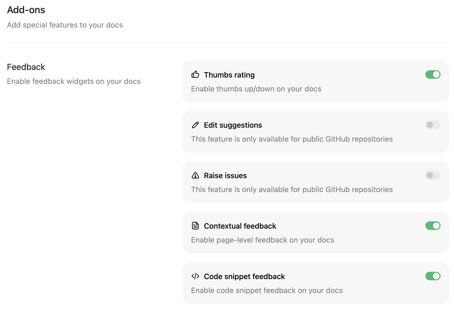 Captura de tela dos controles de feedback na página Add-ons.