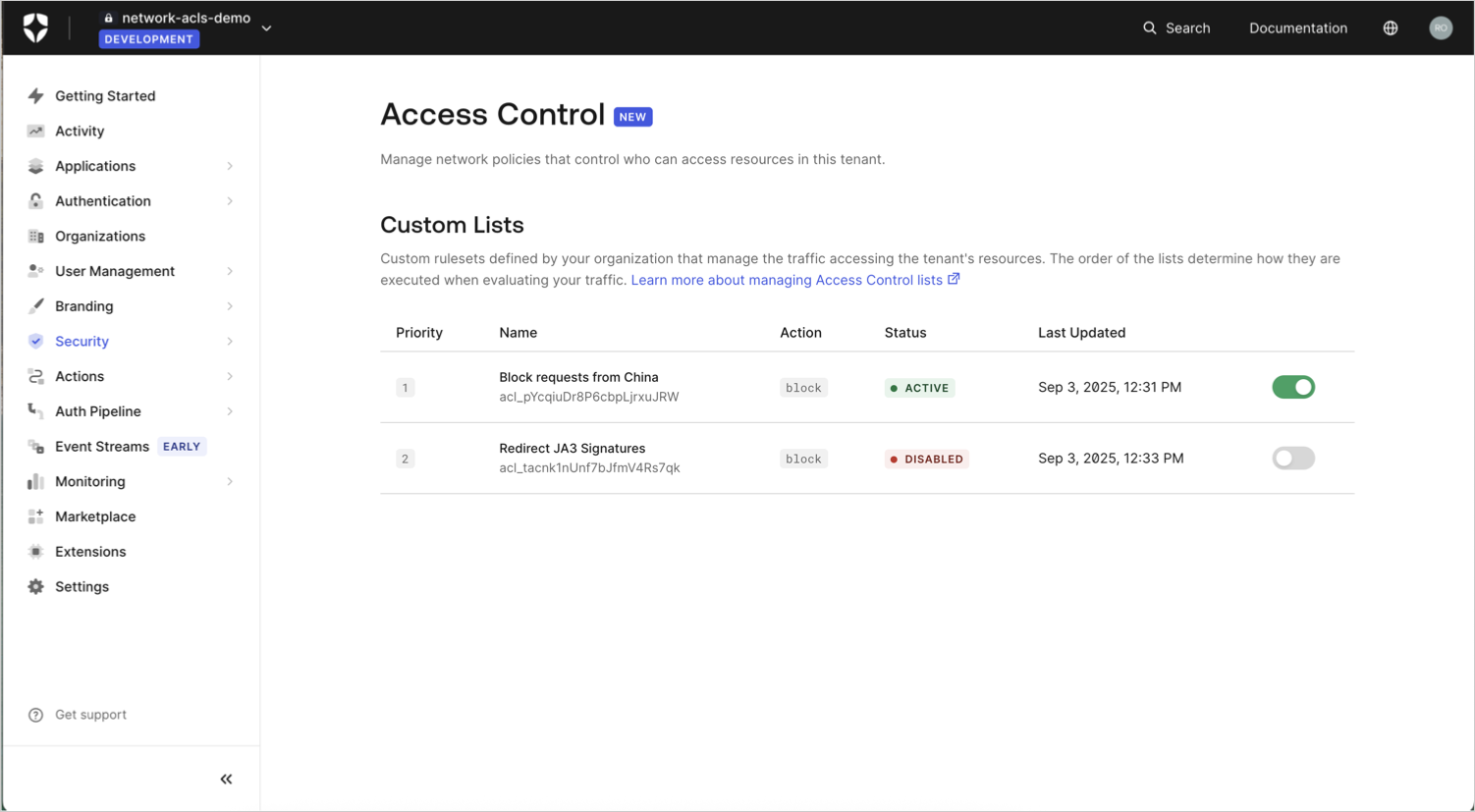 Enable or disable a Tenant ACL rule in the Auth0 Dashboard