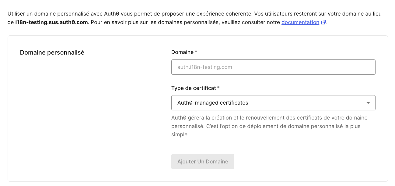 Dashboard Paramètres de locataire Onglet Domaines personnalisés