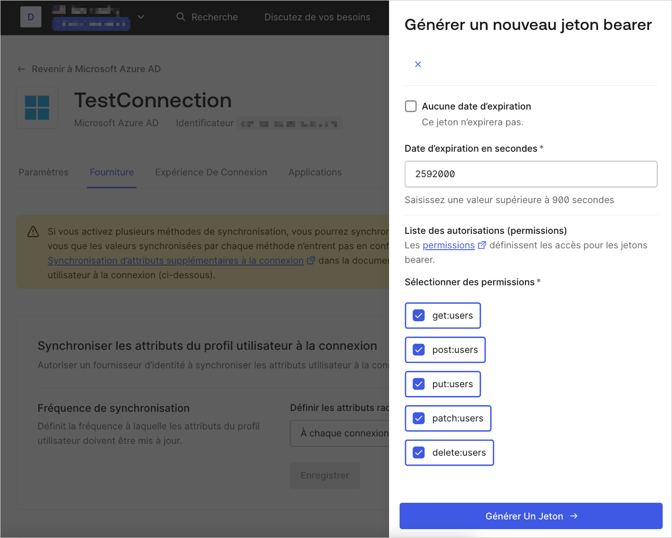 Écran du Dashboard pour les paramètres de jetons SCIM