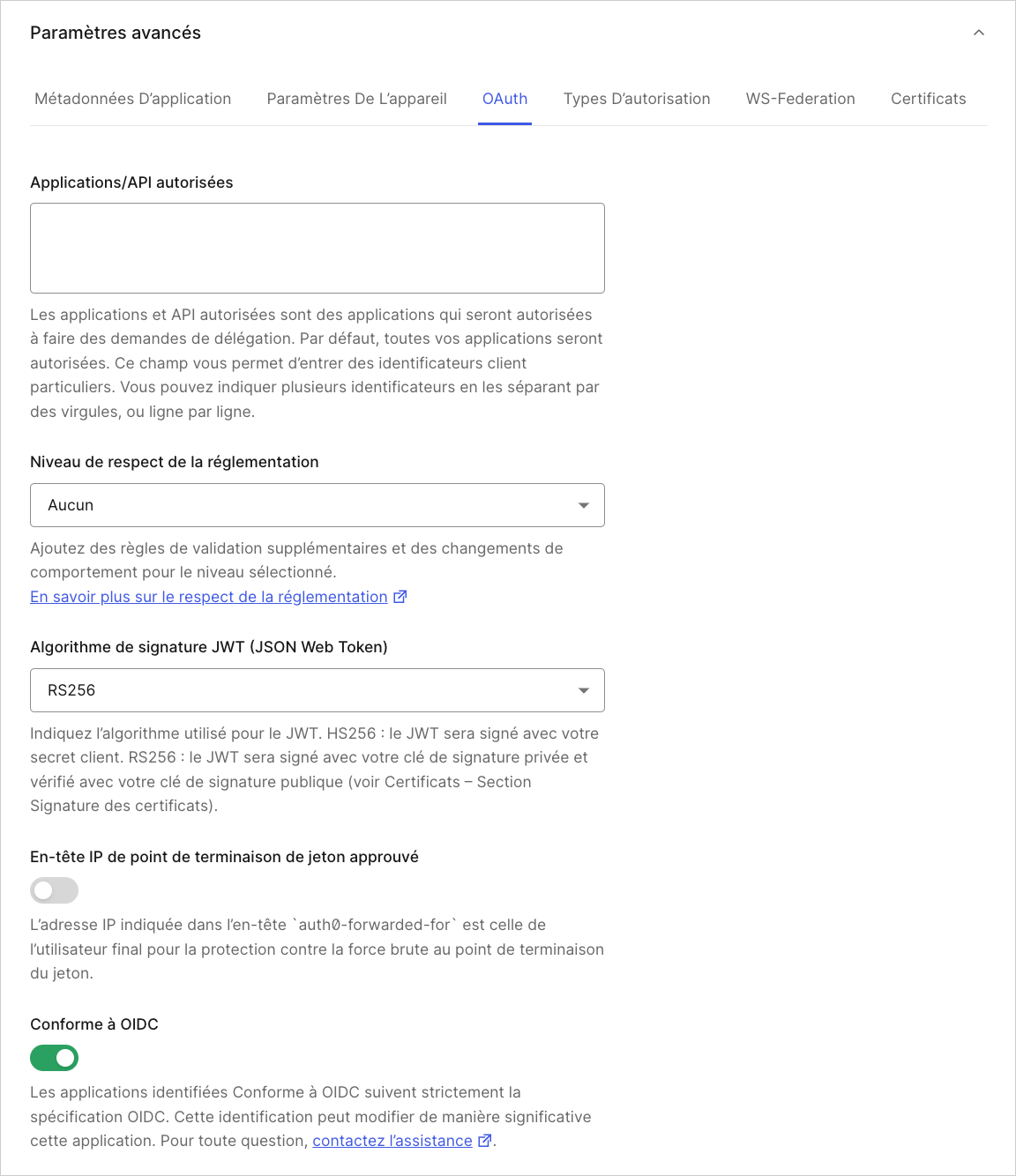 Tableau de bord Applications Onglet Paramètres d’application Paramètres avancés Onglet OAuth