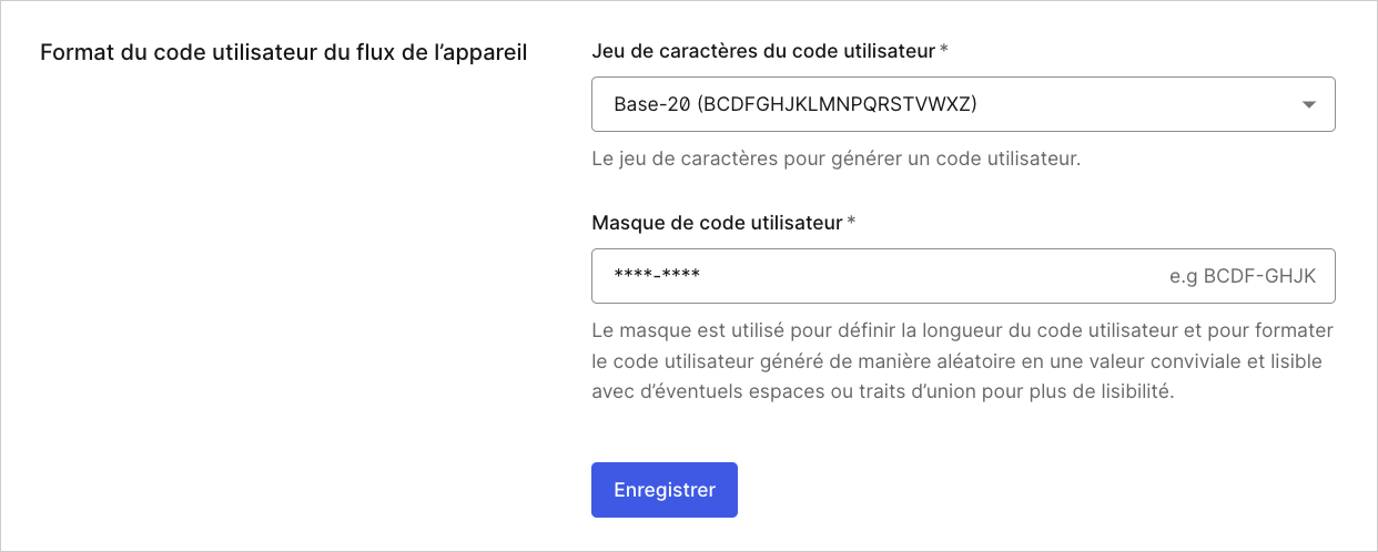 Dashboard Tenant Settings (Paramètres de locataire) Onglet Advanced (Avancés) Format du code utilisateur du flux d’appareil