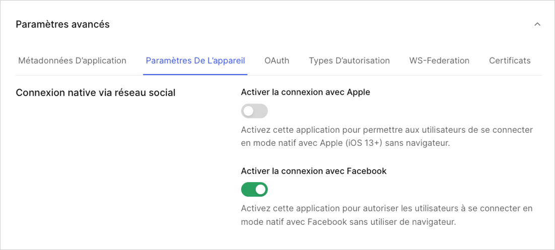 Paramètres de connexion des réseaux sociaux natifs