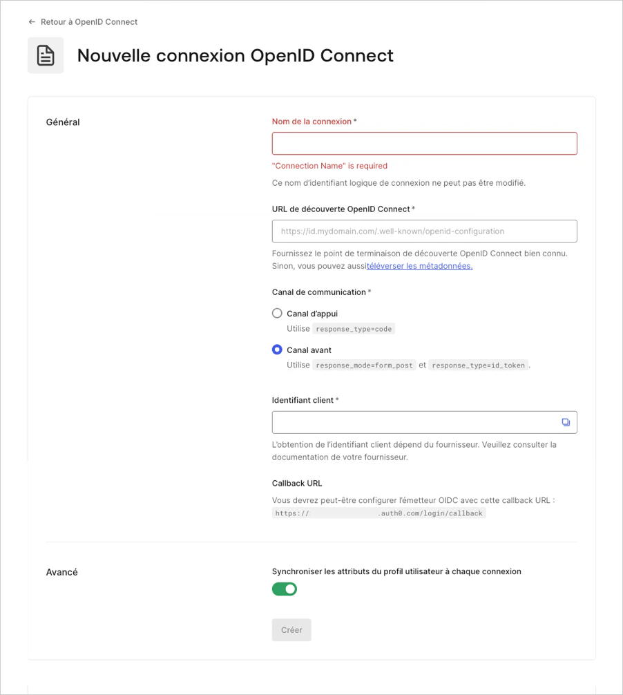 Saisissez les détails de Connexion OIDC