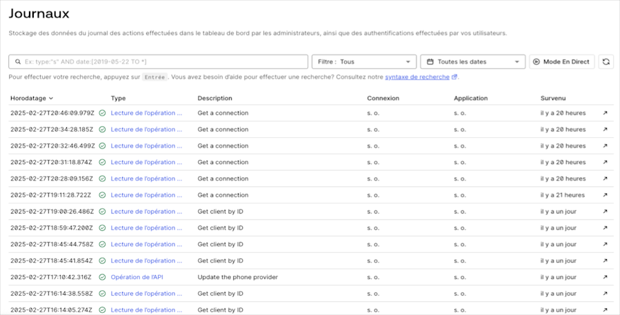Dashboard Monitoring (Suivi) Logs (Journaux)