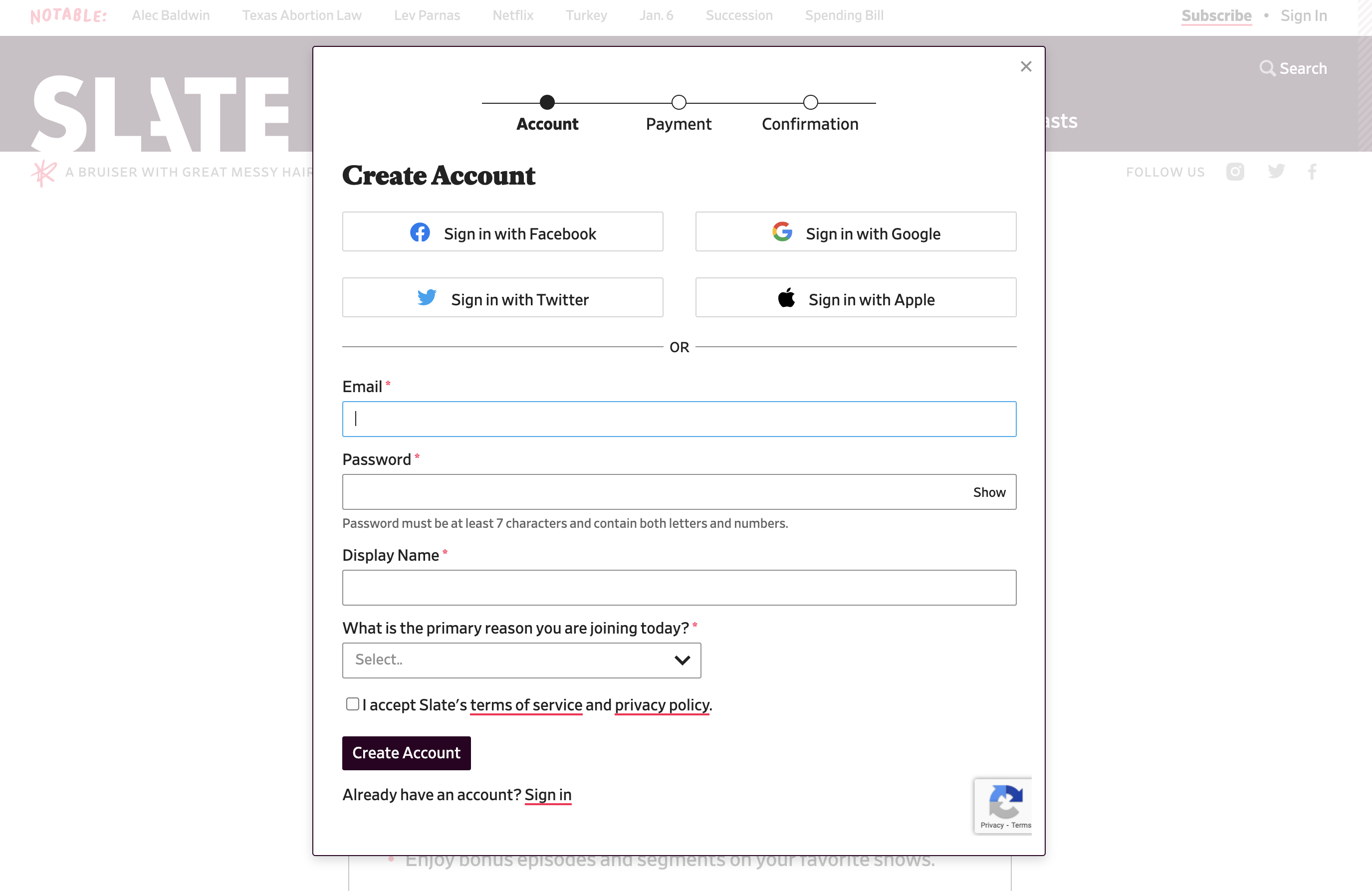Screenshot of Slate magazine login
