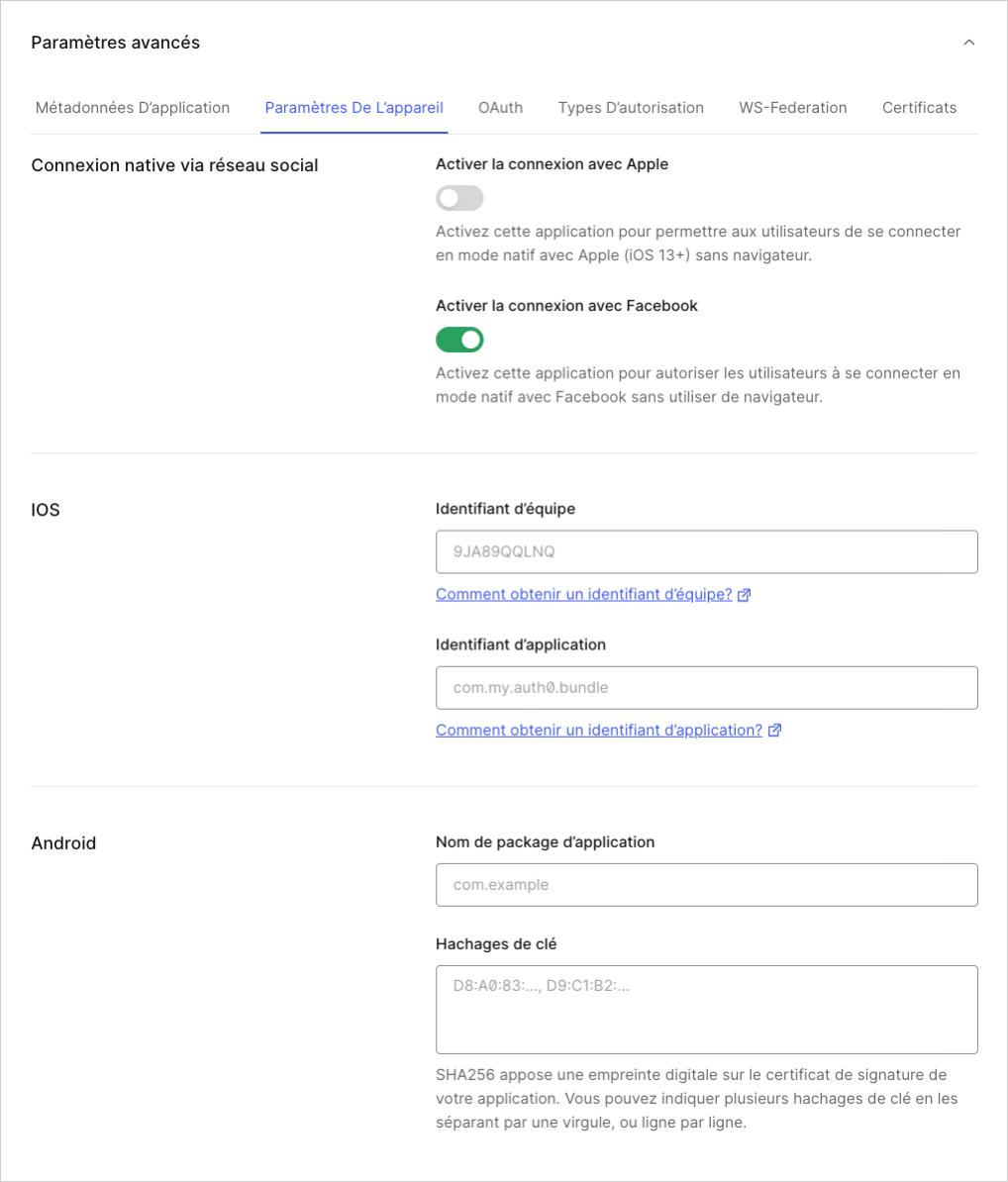 Application Client Settings: Advanced Device Settings