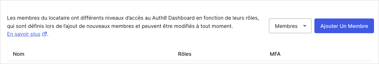 Dashboard Tenant Settings (Paramètres de locataire) Onglet Tenant Members (Membres locataires)