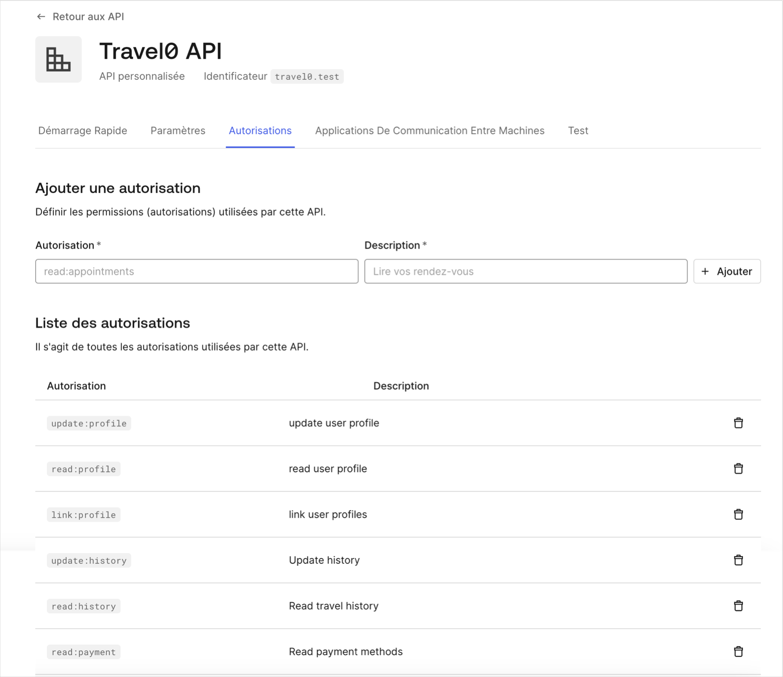 Dashboard (Tableau de bord) - Add API Permissions (Ajouter des permissions API) - API Define Permissions Screen (Écran de définition des permissions API)