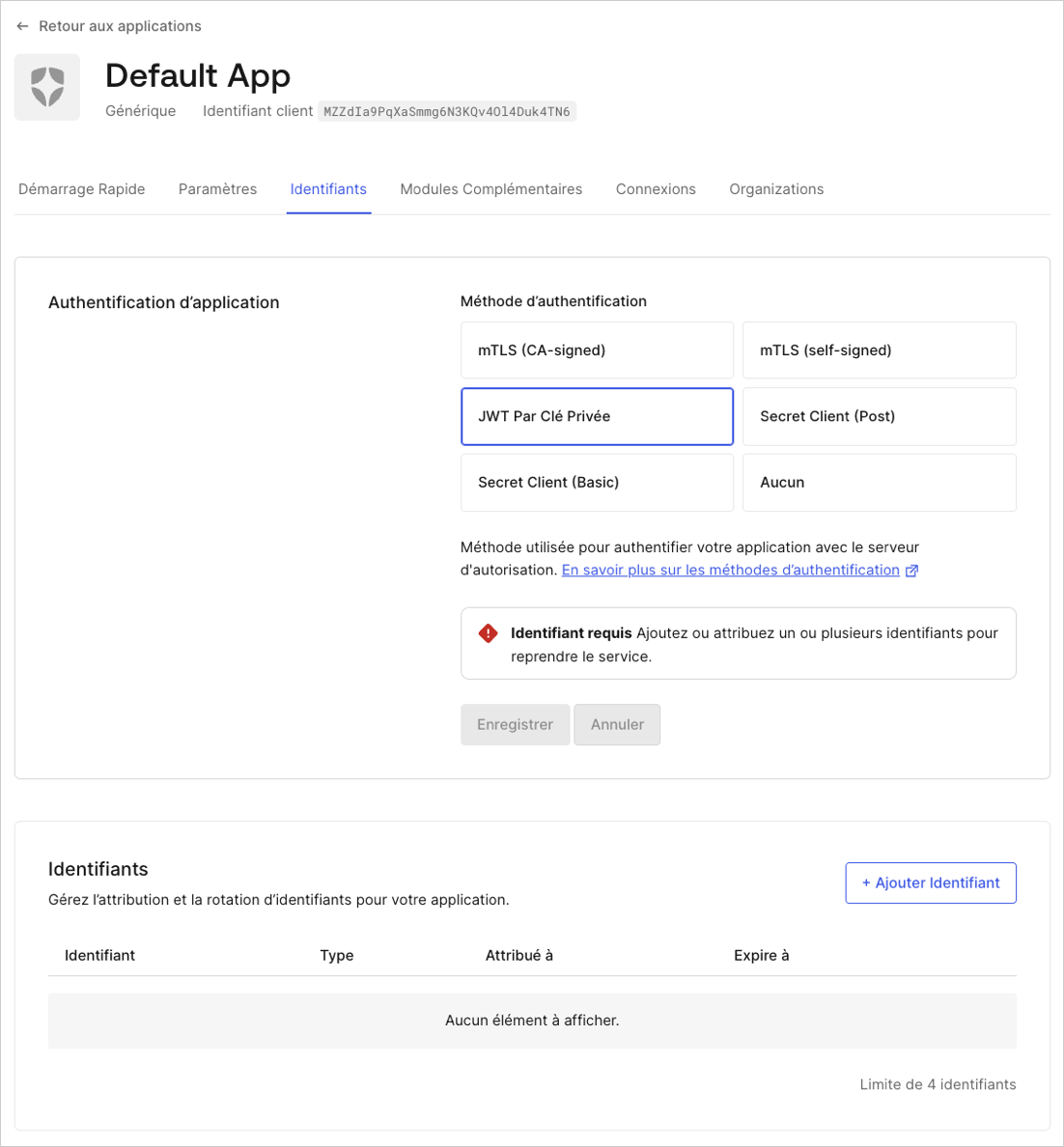 Configuration de l’authentification JWT Private Key (Clé privée JWT) - Instructions pour le Auth0 Dashboard (Tableau de bord Auth0)