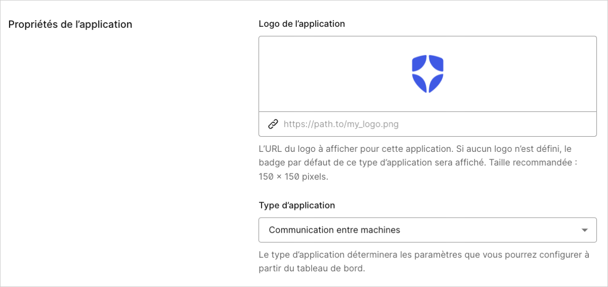 Dashboard Applications Onglet Paramètres d’application Propriétés de l’application
