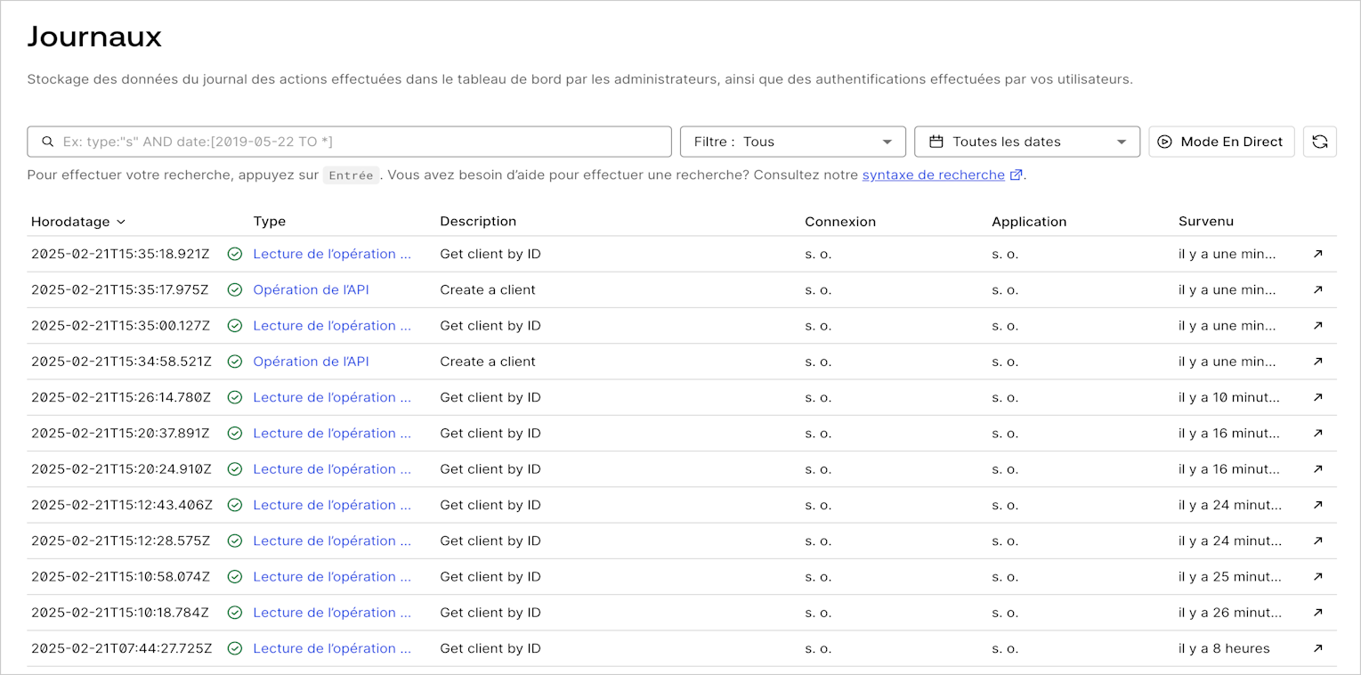 Capture d’écran de la Liste de journaux du locataire dans le Tableau de bord Auth0, montrant les journaux qui sont associés avec l’exécution de l’Action.