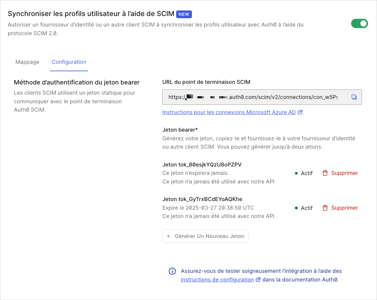 Capture d’écran du tableau de bord de la configuration SCIM