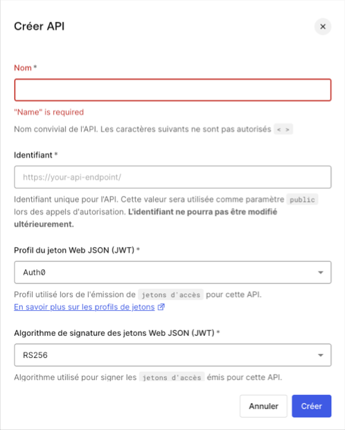 Dashboard – Applications – API – Créer API – Menu contextuel