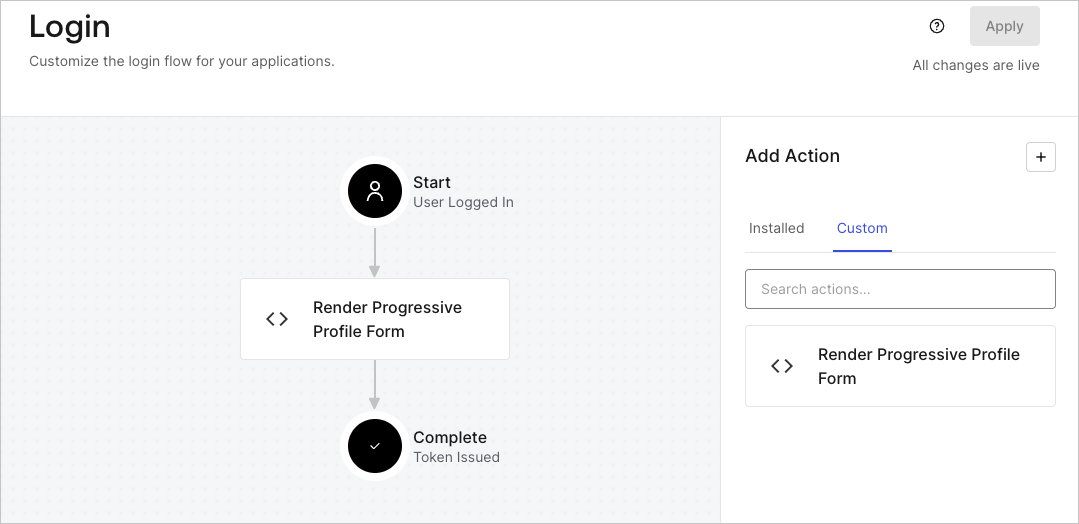 Dashboard > Forms > Use Cases Progressive Profile Login Action