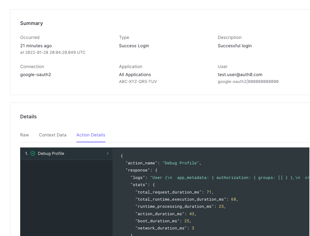 Screenshot of individual log associated with Actions testing.