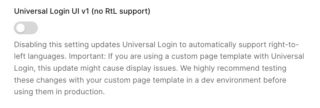 A photo of the right-to-left toggle in the Auth0 Tenant Settings.