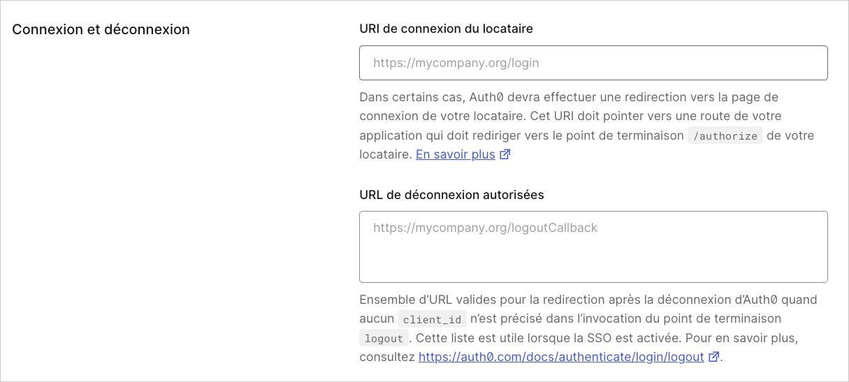 Dashboard Tenant Settings (Paramètres de locataire) Onglet Advanced (Avancés) Login (Connexion) et Logout (Déconnexion)