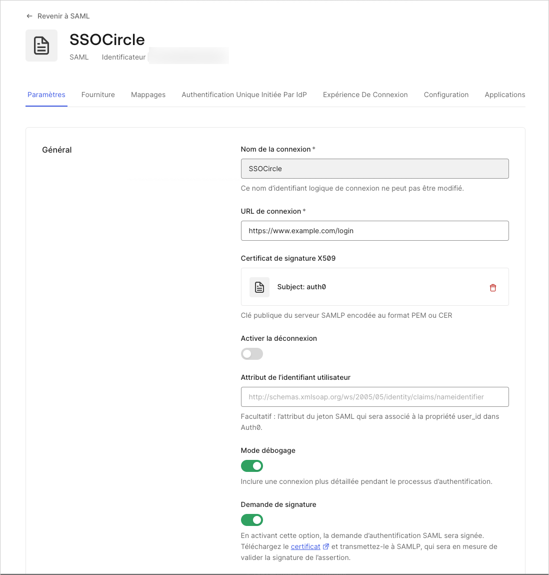 Troubleshoot SAML Connections Enable Debug Mode screen
