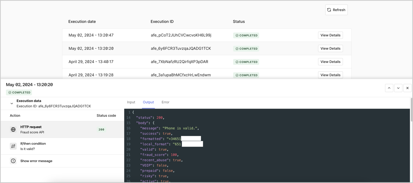 Dashboard > Actions > Forms > Flows > Executions