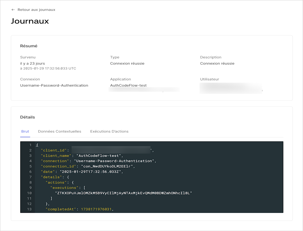 Capture d’écran d’un journal individuel associé aux tests d’Actions.