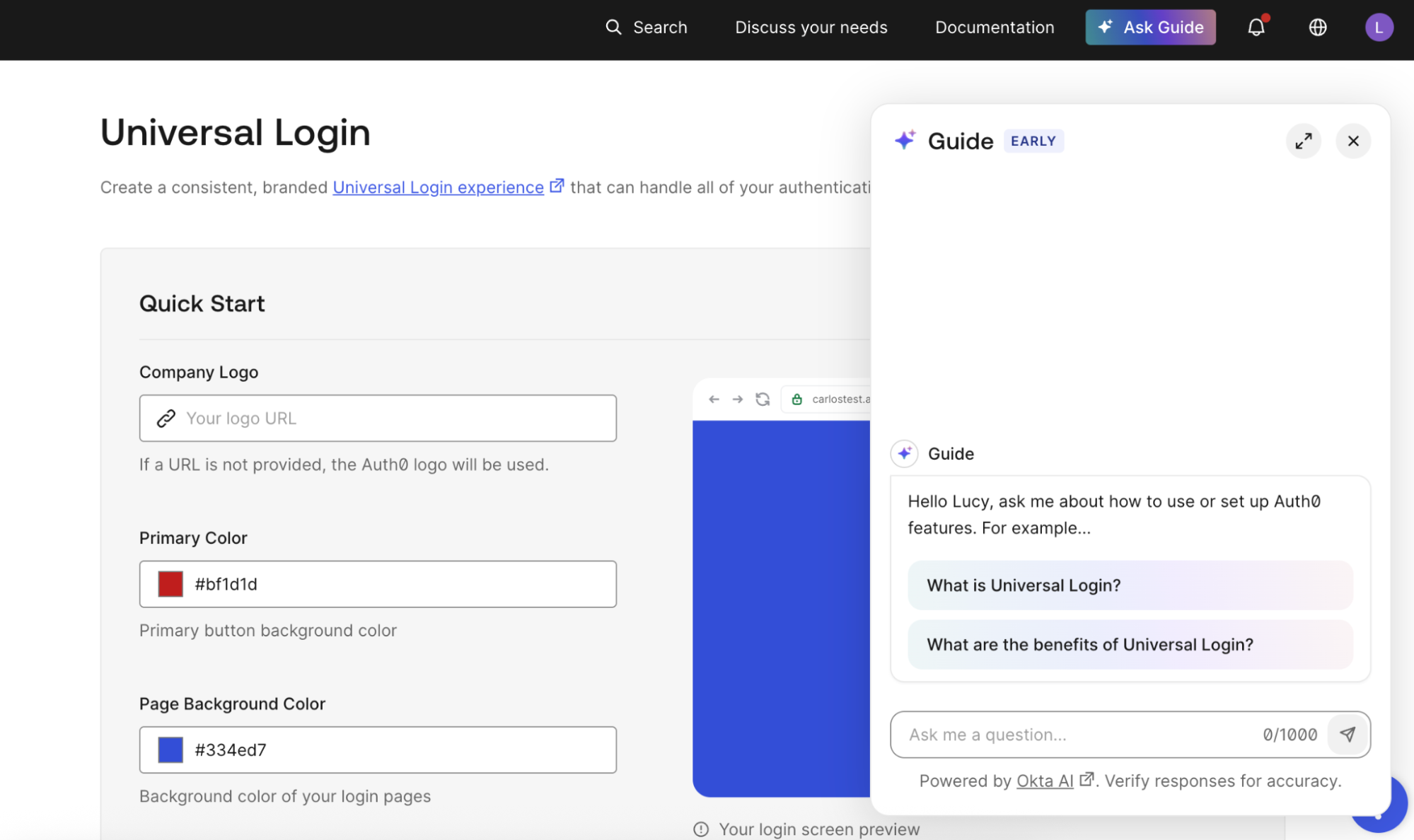 Select the Ask Guide button in the top-right corner of the Auth0 Dashboard to open it.