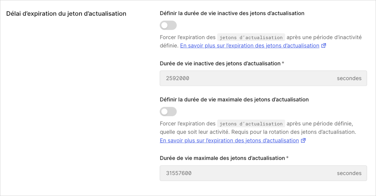 Dashboard (Tableau de bord) Applications Onglet Applications Settings (Paramètres d’application) Refresh Token Expiration (Expiration du jeton d’actualisation)