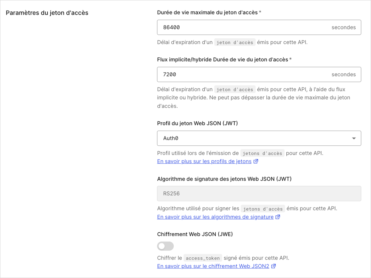 Dashboard (Tableau de bord) - API - Token Settings (Paramètres du jeton) - Expiration