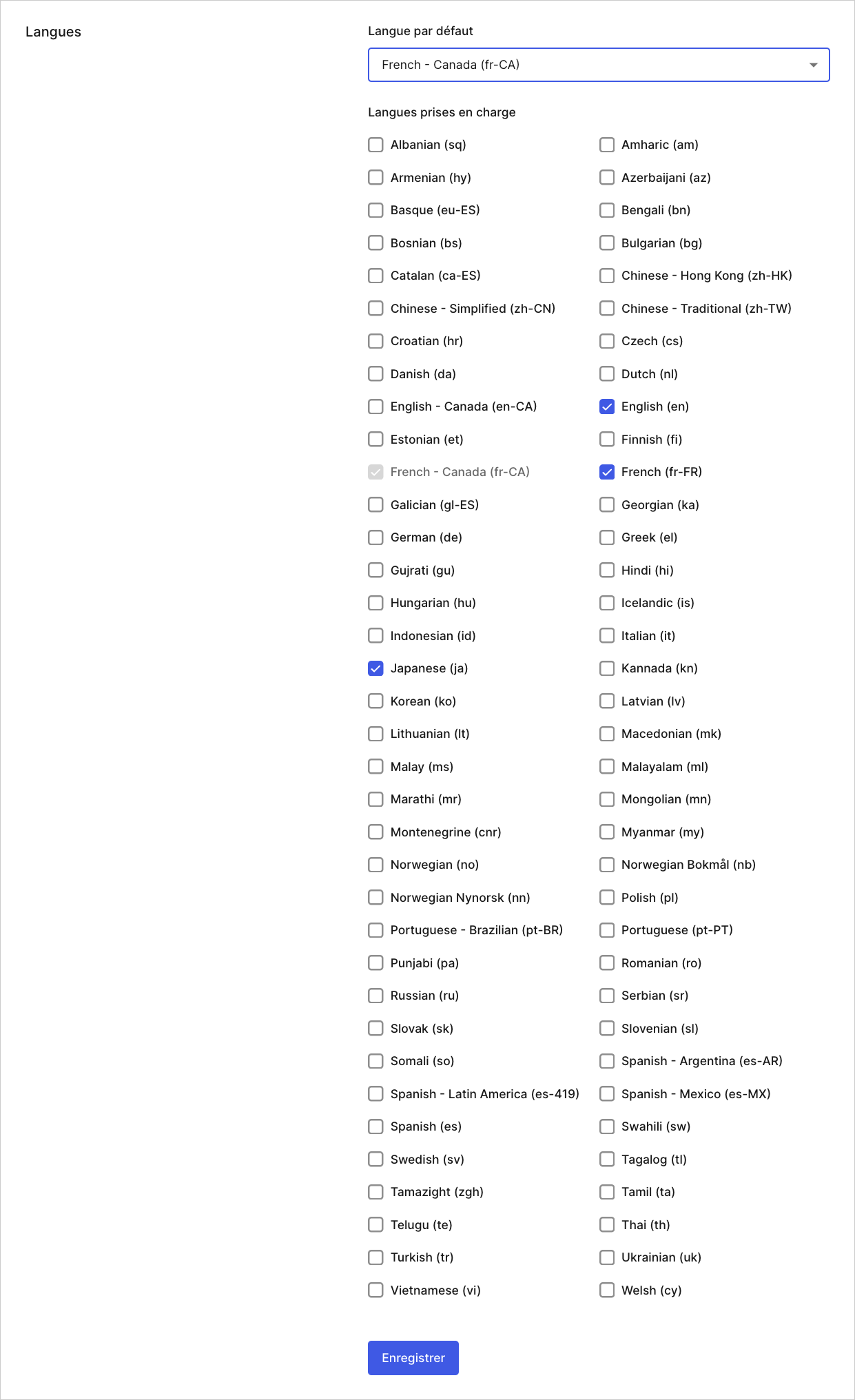 Dashboard Tenant Settings (Paramètres de locataire) – Onglet General (Général) – Languages (Langues)