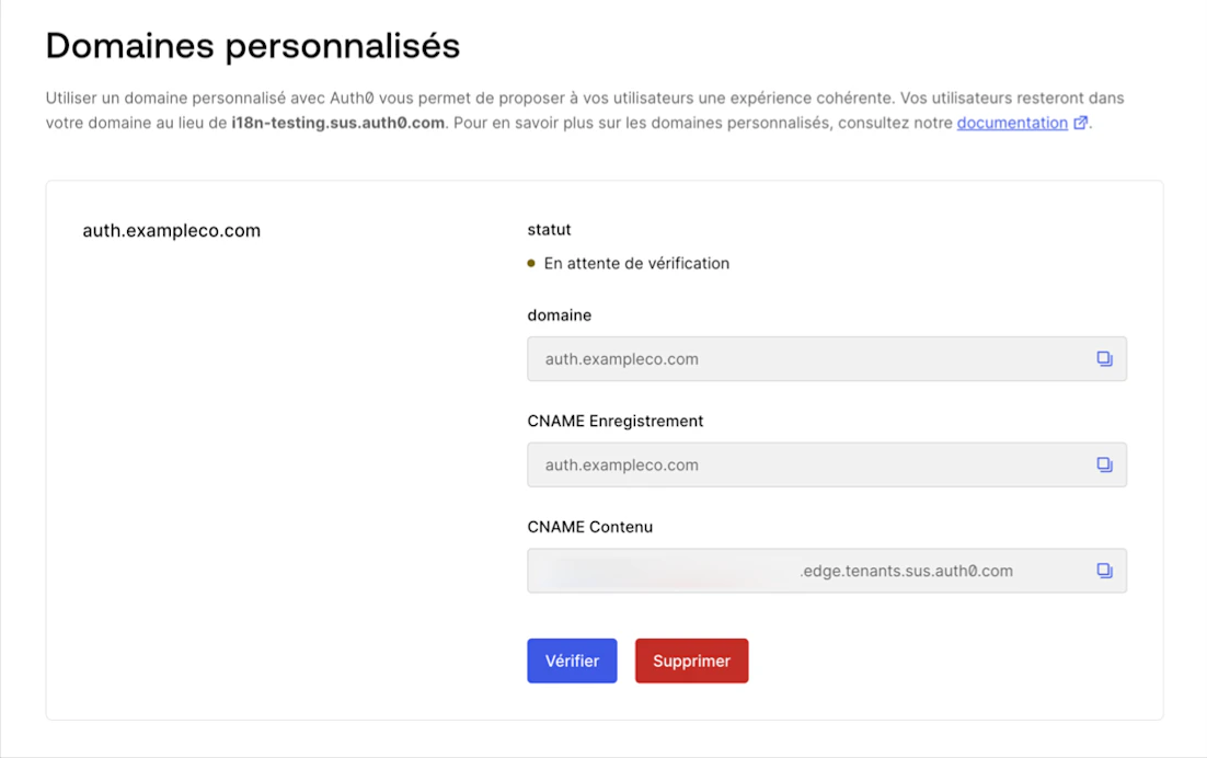 Auth0 - Branding (Image de marque) - Custom Domains (Domaines personnalisés) - Auth0-Managed Certificate (Certificats gérés par Auth0) - Verify Domain (Vérifier le domaine)