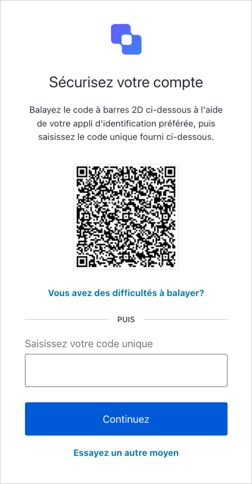 Un exemple d’invite OTP enrollment (Inscription avec OTP) affichant le lien Trouble Scanning? (Problème de numérisation?)