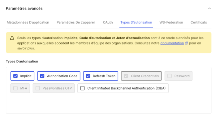 Dashboard Applications Applications Advanced Settings Grant Types tab