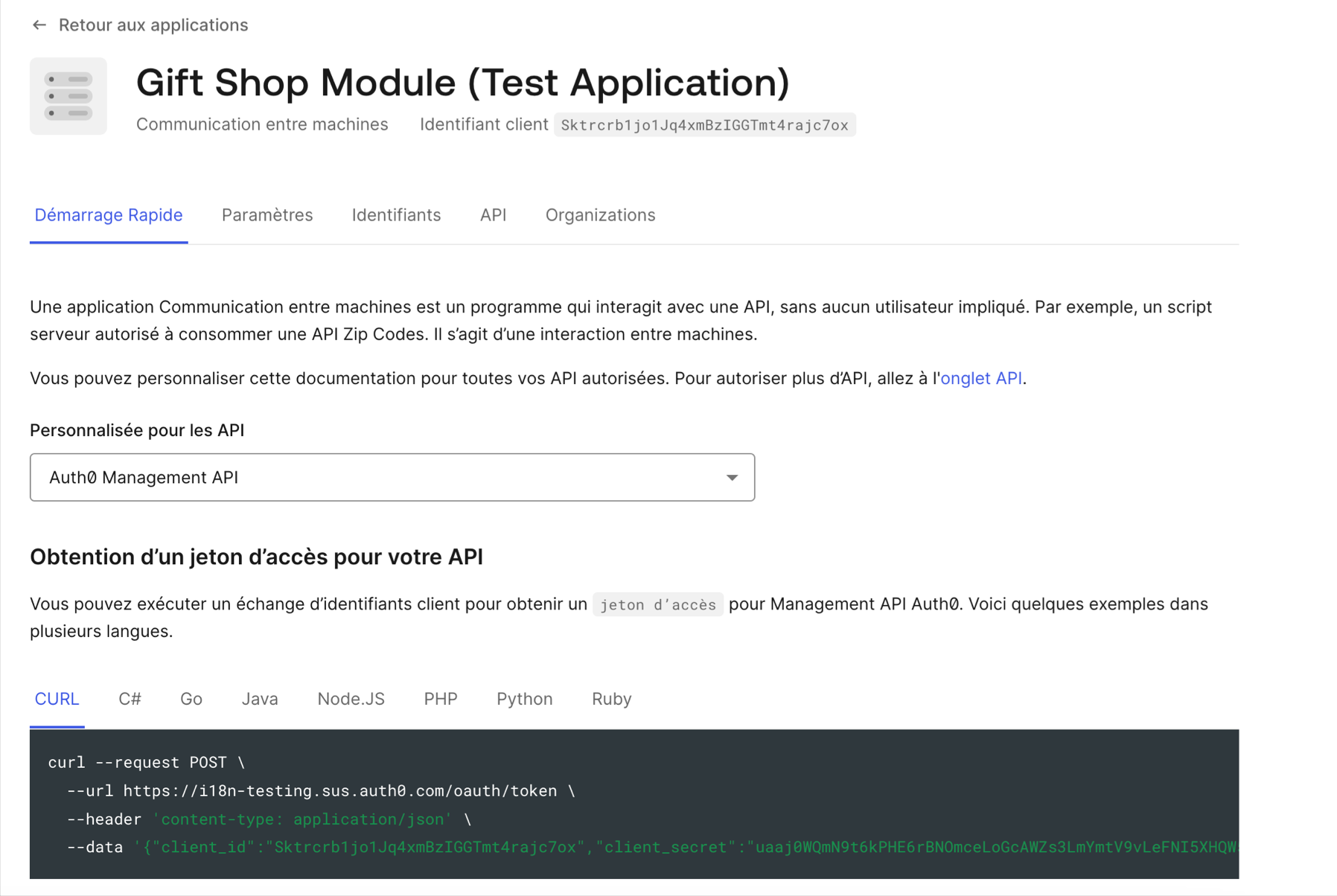 Dashboard – Applications – API – Quickstart (Démarrage rapide)