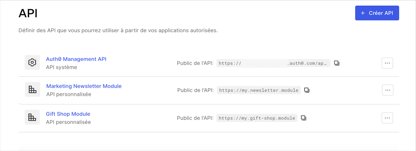 Liste des API d’applications Dashboard