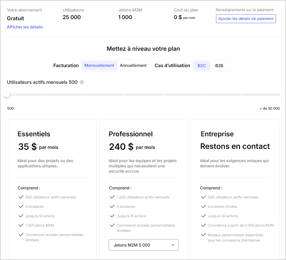 Onglet Abonnement Auth0 locataire Paramètres