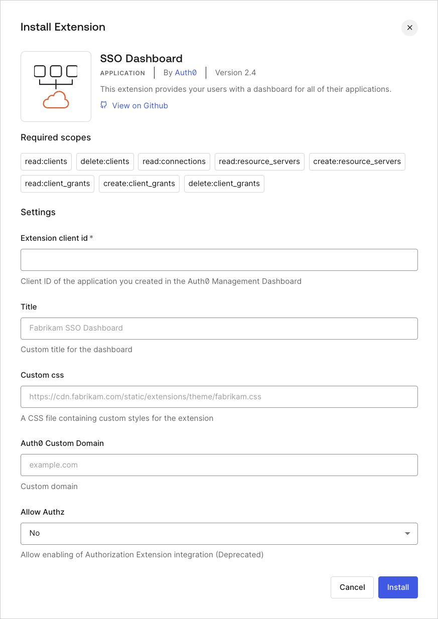 Dashboard - Extensions - SSO Dashboard - Install Extension