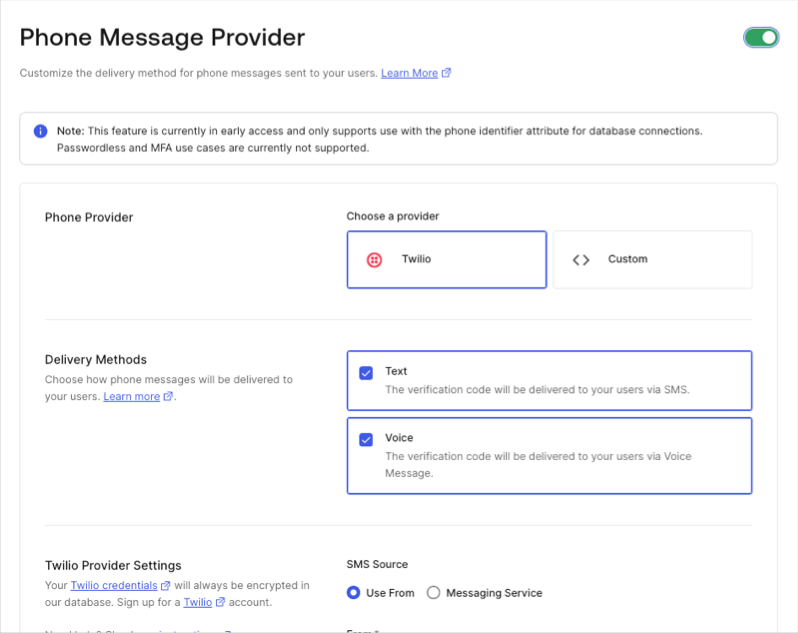 Auth0 Dashboard > Branding > Phone Provider > Enable Phone Message Provider