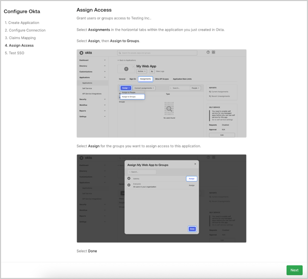 The fifth step of the self-service assistant that customer admins use to configure SSO.