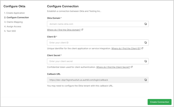 The third step of the self-service assistant that customer admins use to configure SSO.