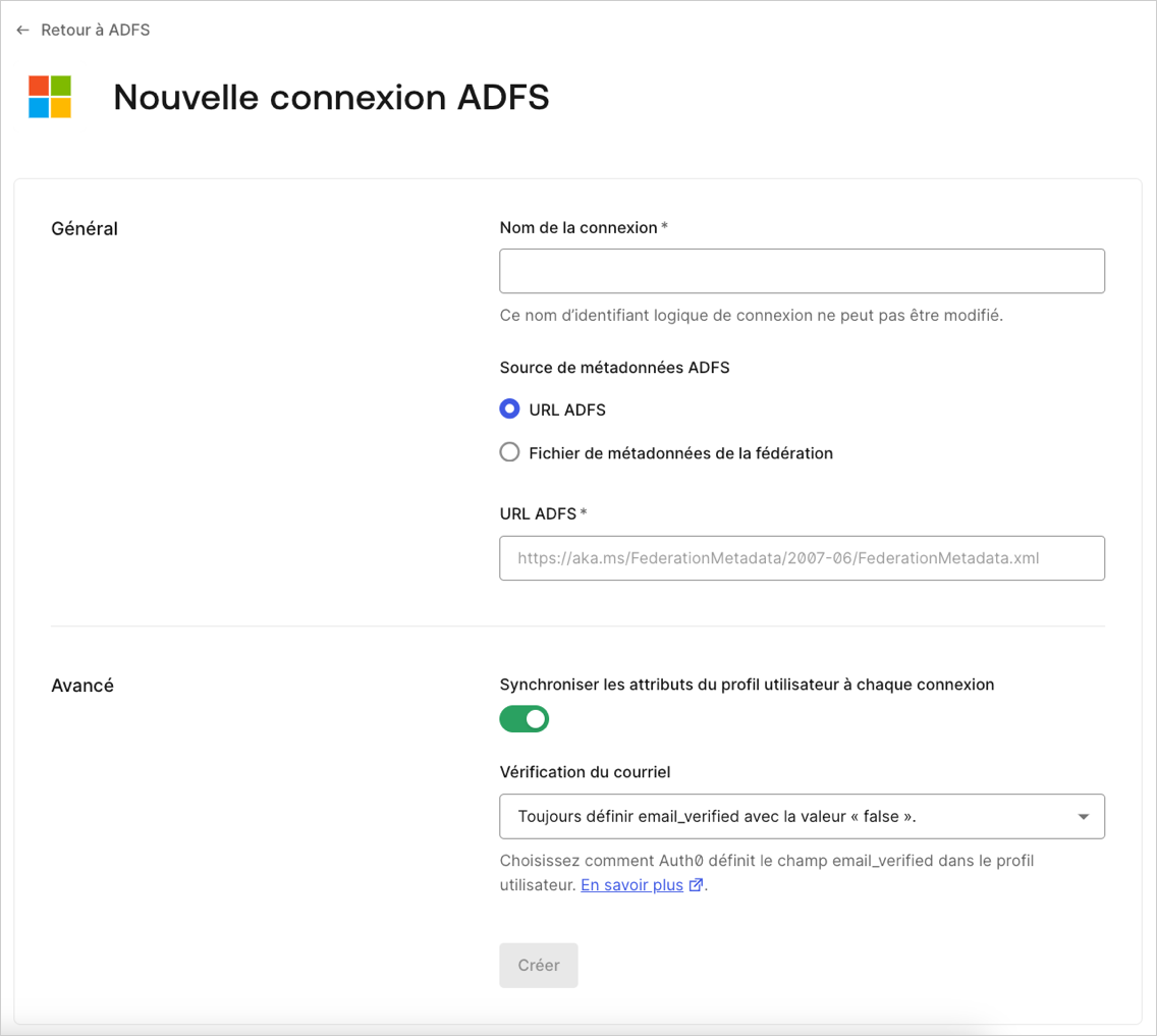 Protocoles WS-Fed Importation Fédération Fichier de métadonnées Écran de connexion ADFS