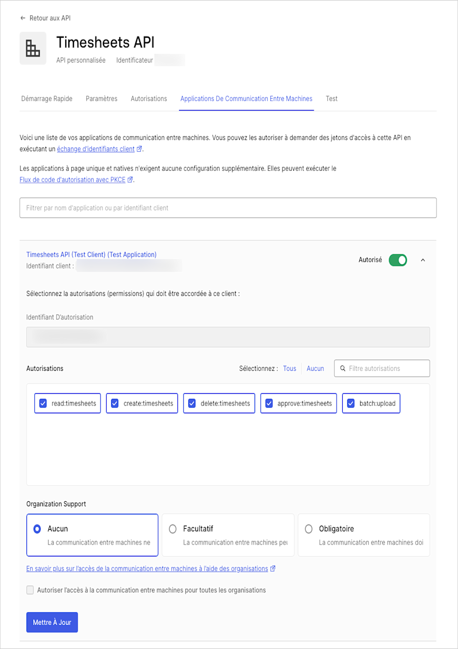 Dashboard (Tableau de bord) - Applications - APIs (APIs) - Machine to Machine Applications (Applications machine-machine) - Authorize (Autoriser)