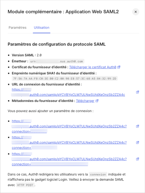Dashboard (Tableau de bord) Applications Applications Onglet Addons (Modules complémentaires) SAML2 Web App (Application Web SAML2) Onglet Usage (Utilisation)
