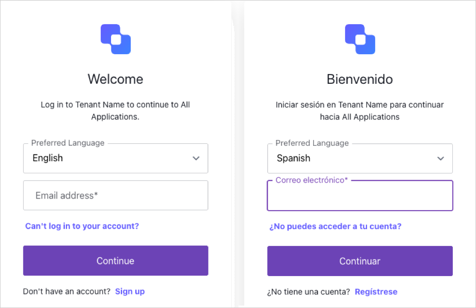 Two Universal Login prompts showing the language selection menu.